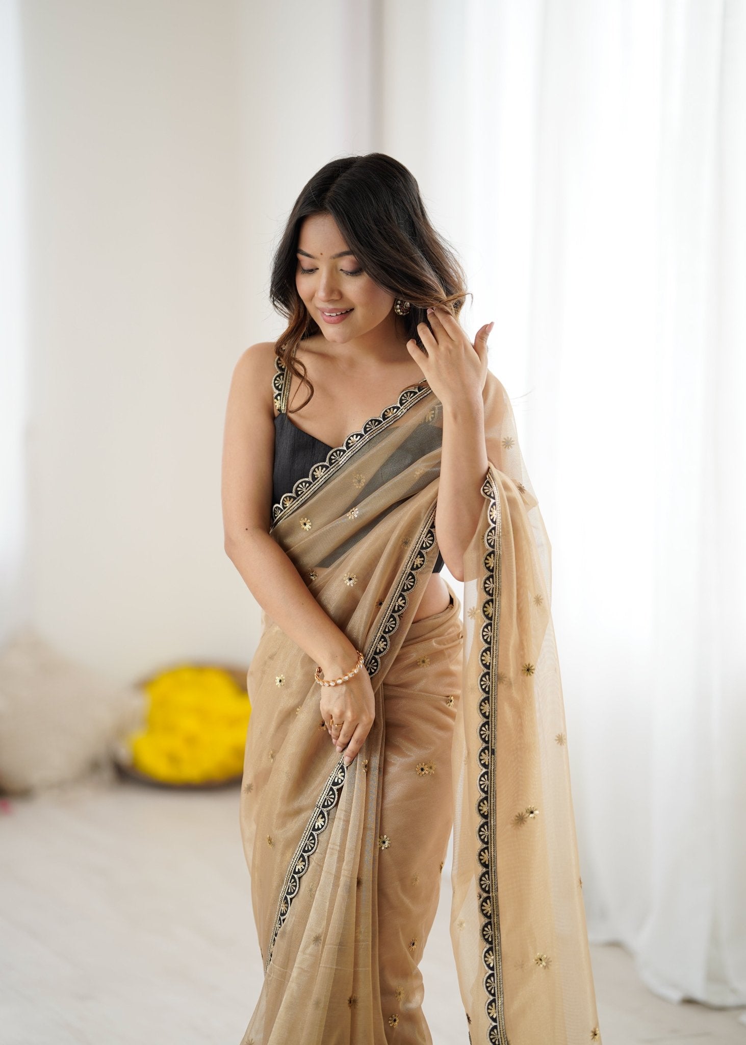 Golden Organza Embellished Saree with Black Border - Ressa