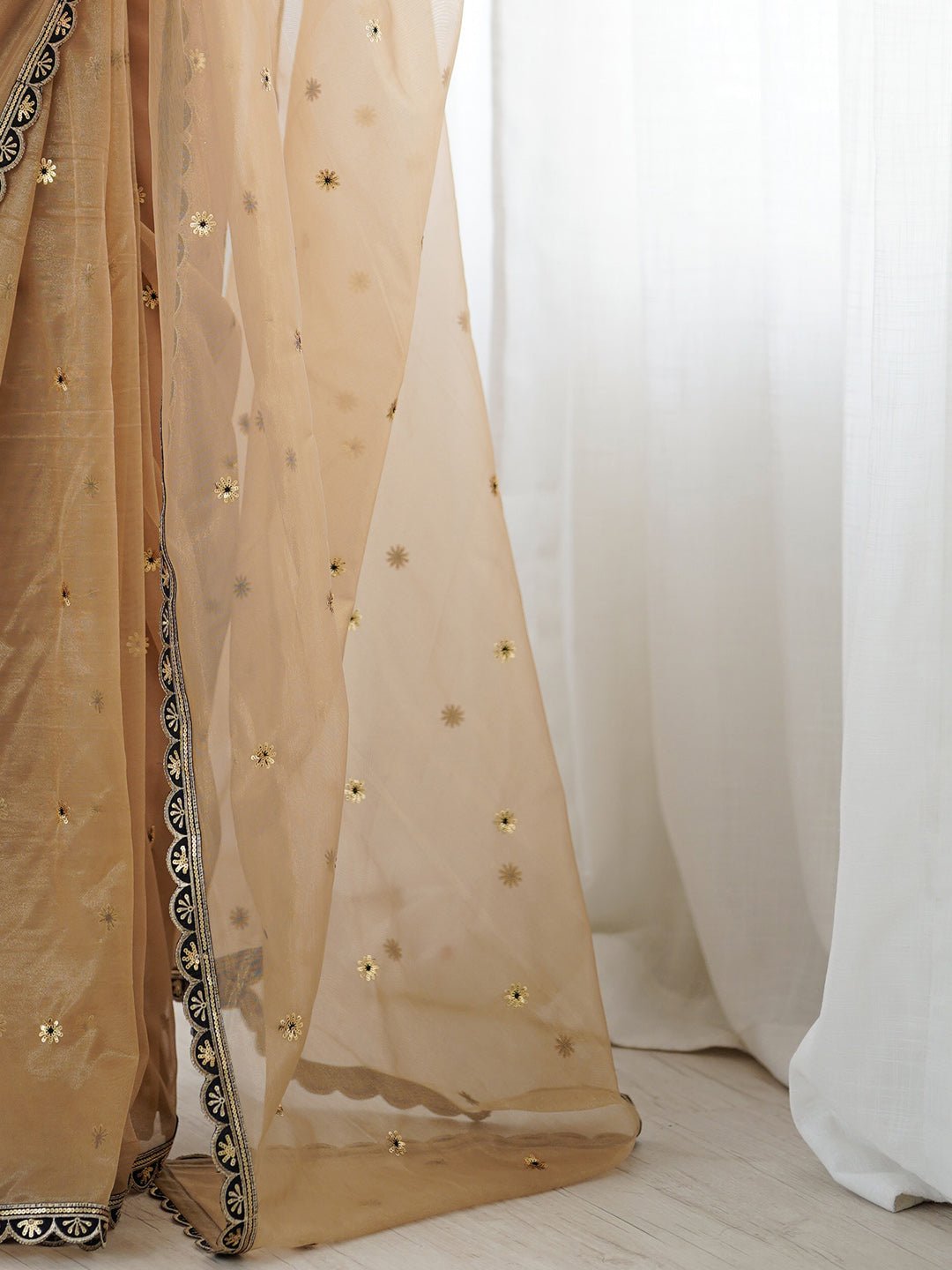 Golden Organza Embellished Saree with Black Border - Ressa