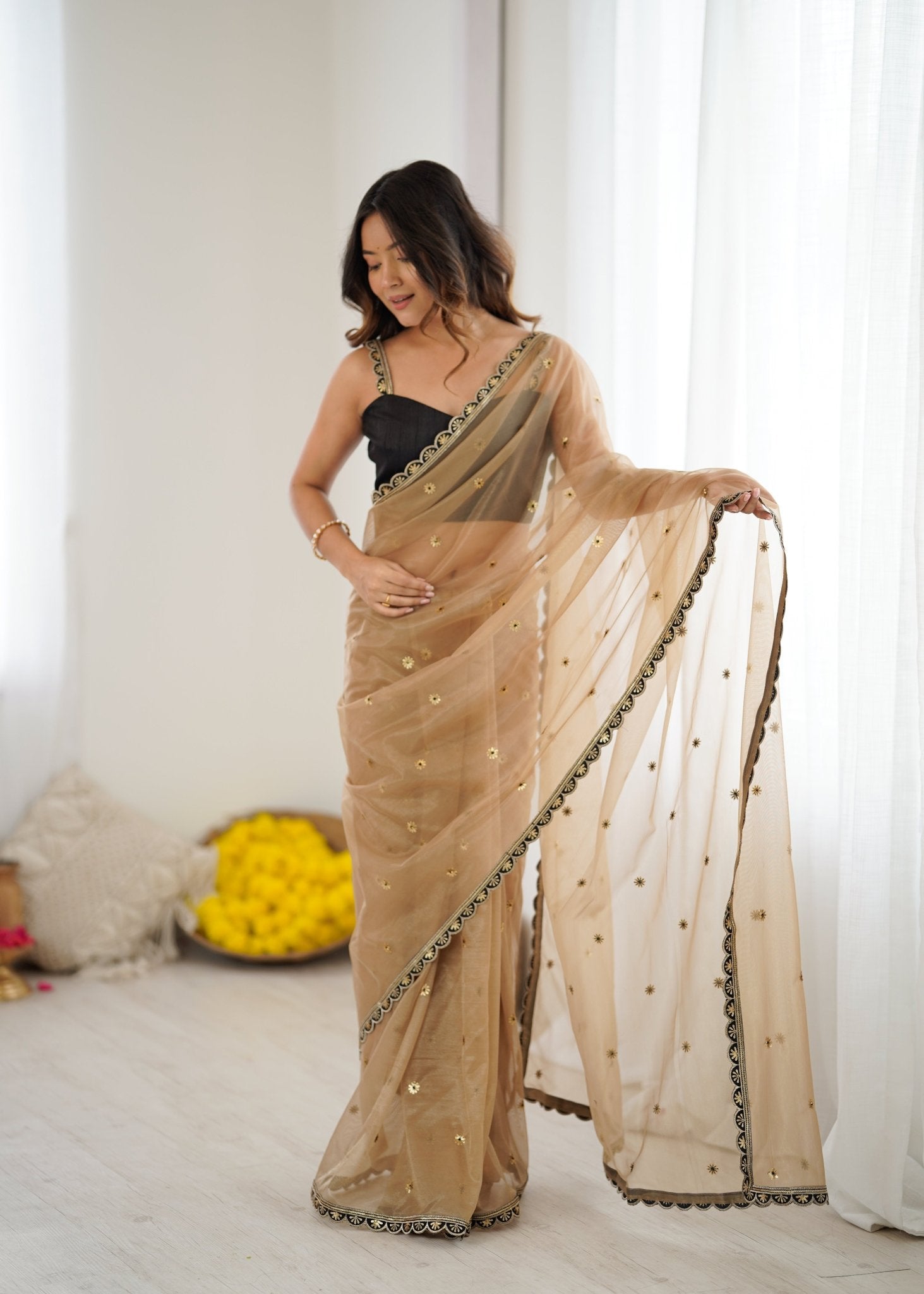 Golden Organza Embellished Saree with Black Border - Ressa