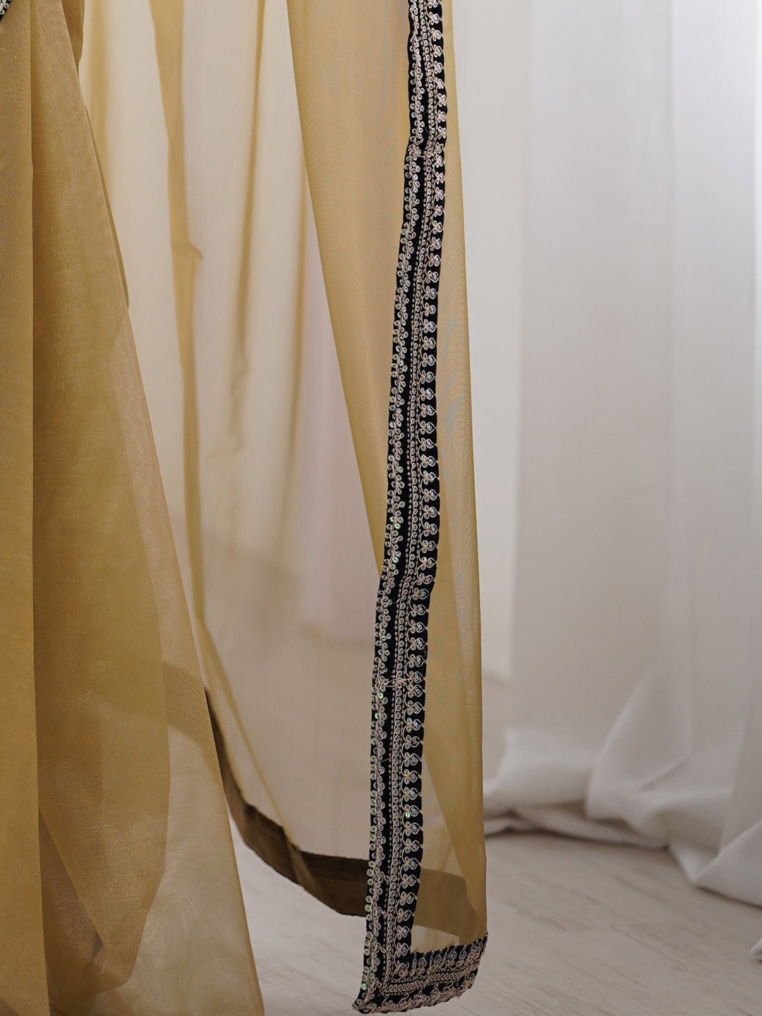 Golden Organza Saree with Black Embroidered Border - Ressa