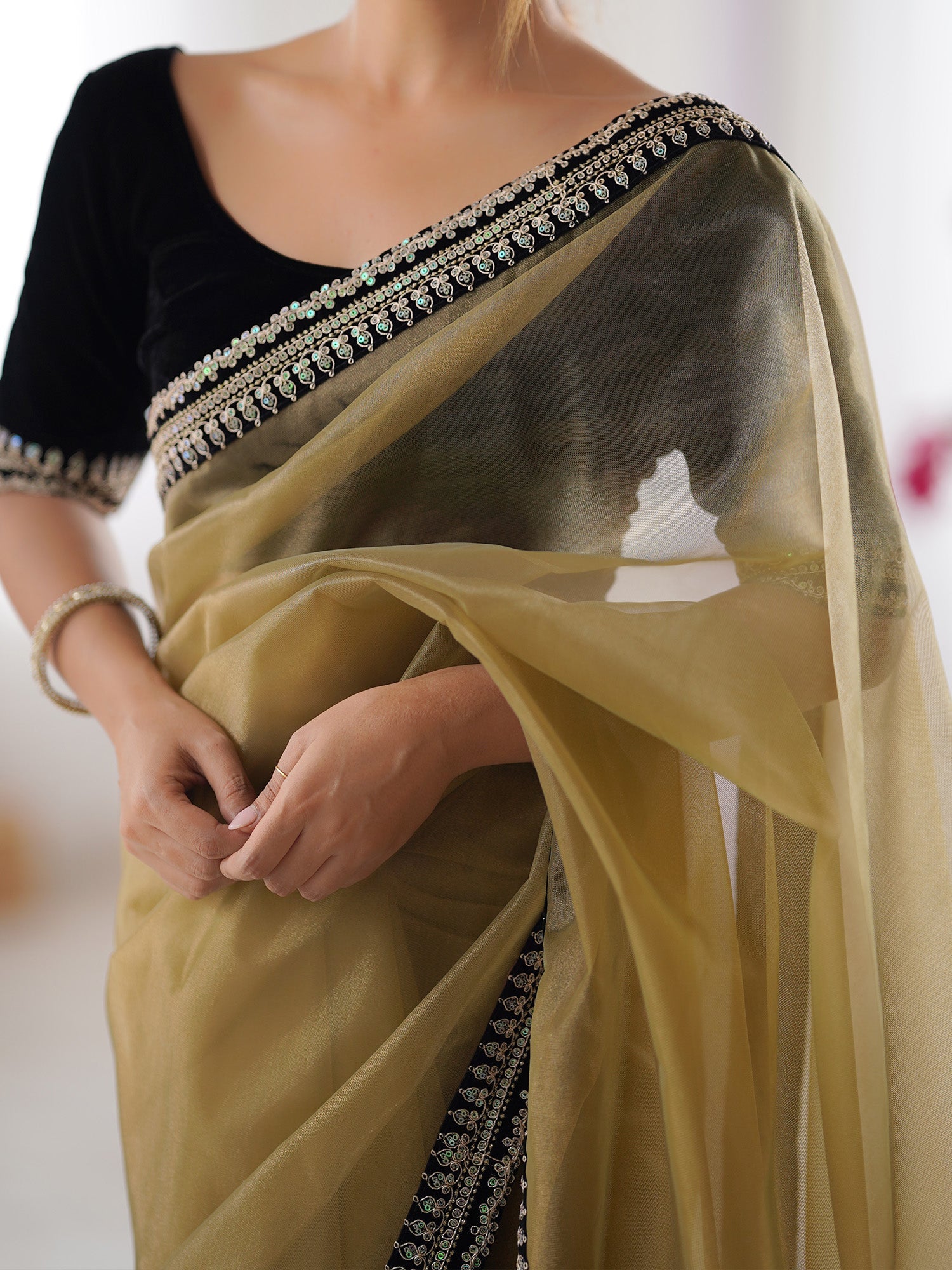 Golden Organza Saree with Black Embroidered Border - Ressa
