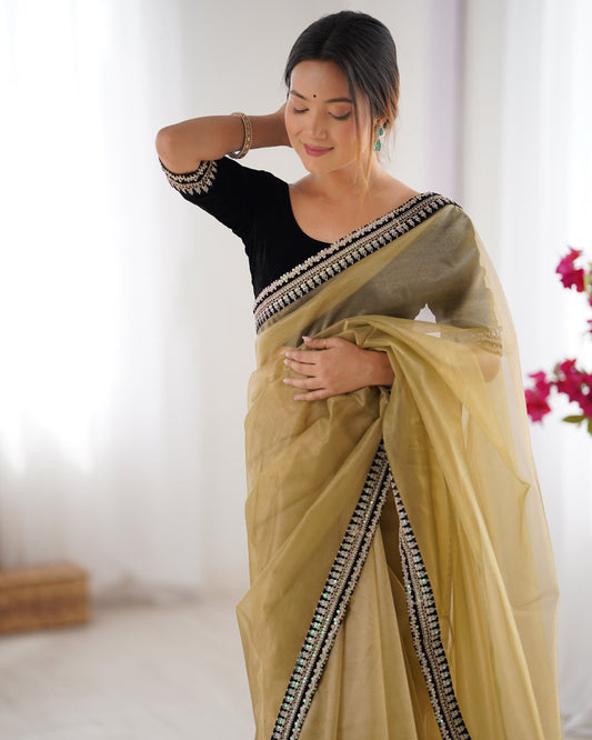 Golden Organza Saree with Black Embroidered Border - Ressa