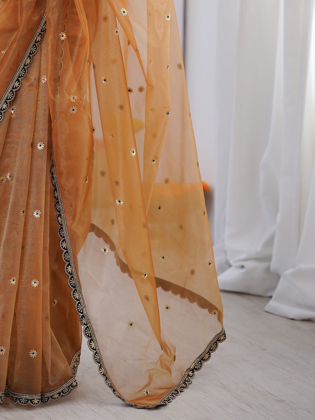 Golden Organza Saree with Sequin Embroidery & Black Border - Ressa