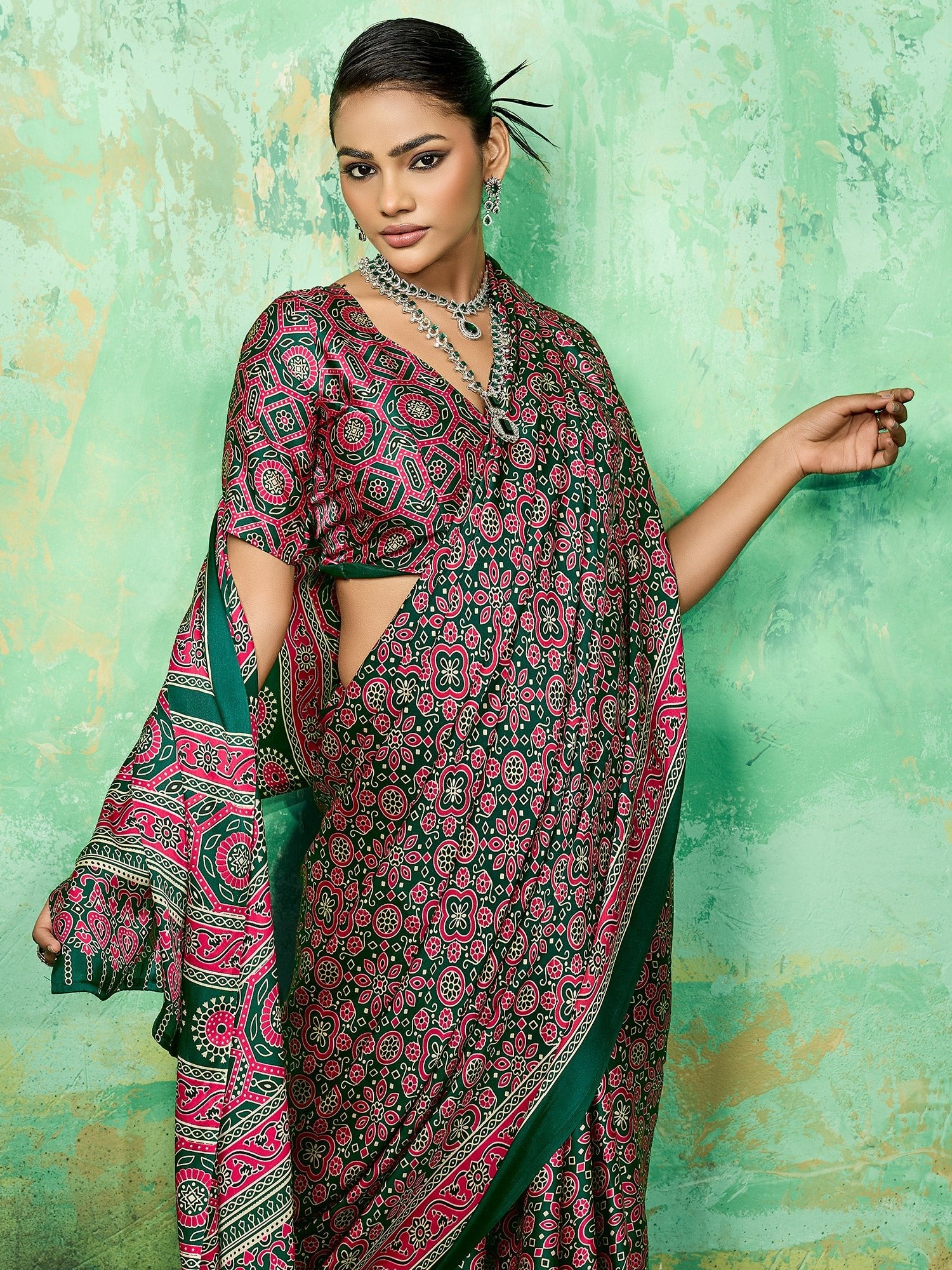 Green Ajrakh Block Printed Saree - Ressa