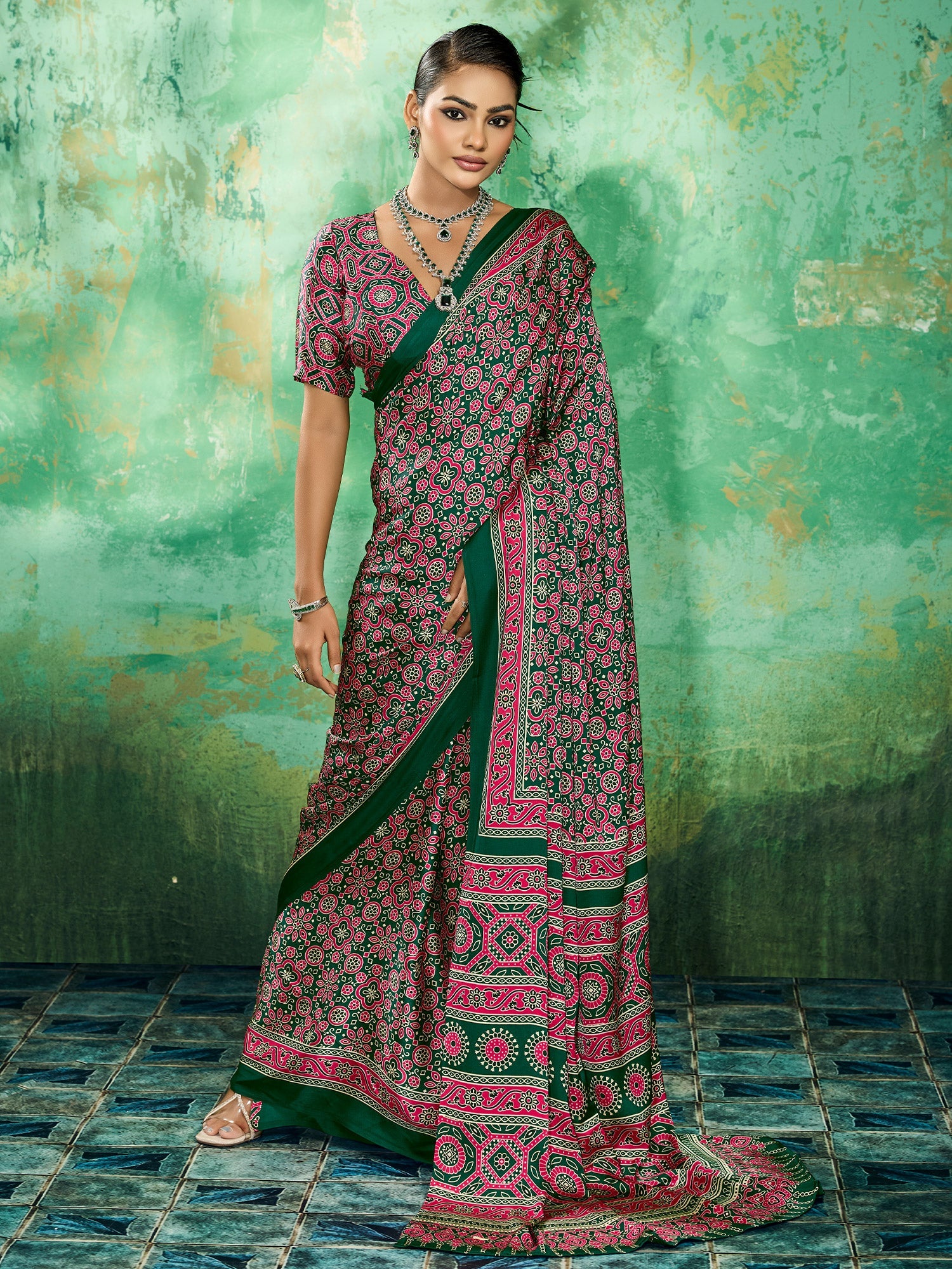 Green Ajrakh Block Printed Saree - Ressa