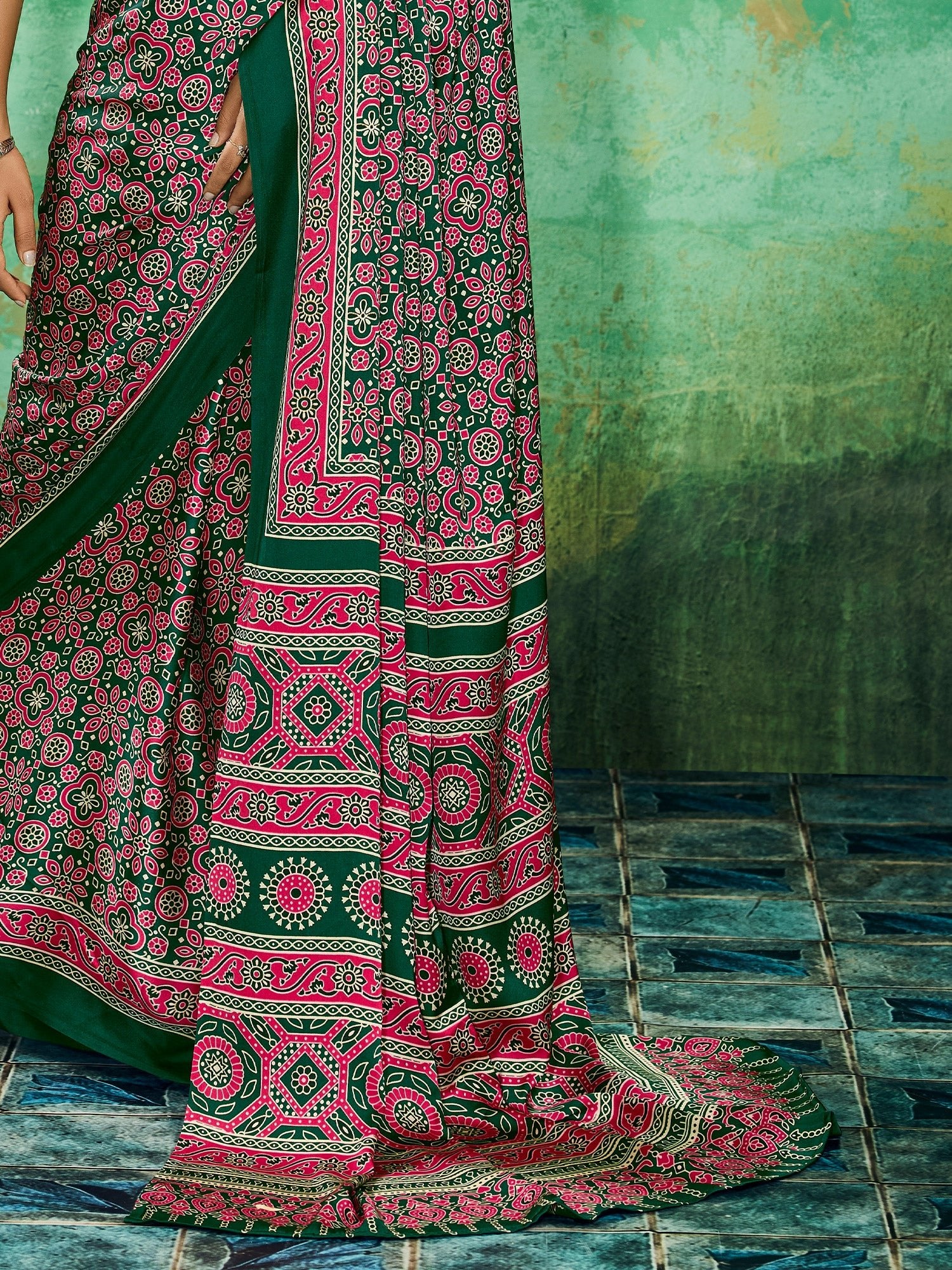 Green Ajrakh Block Printed Saree - Ressa