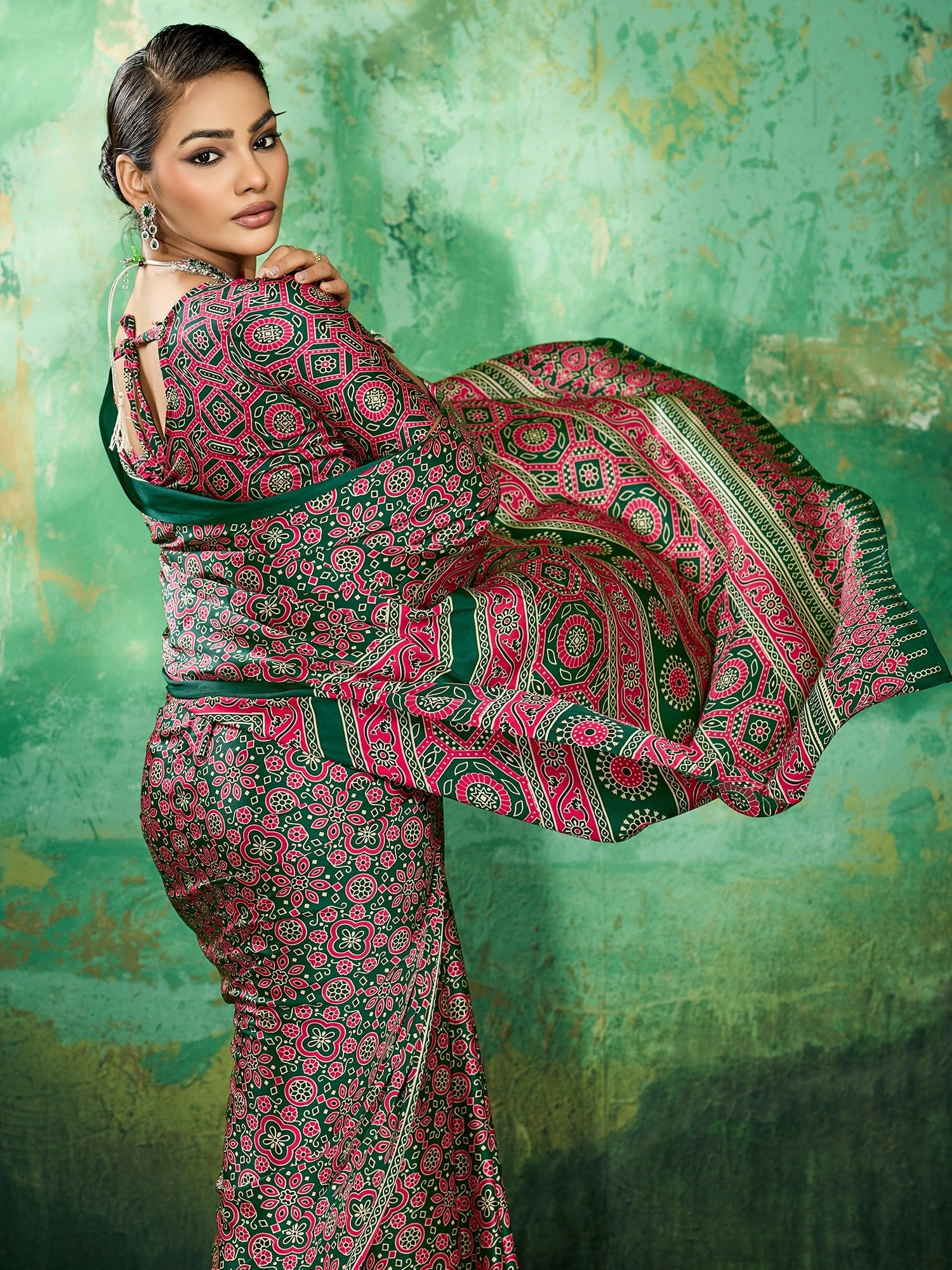 Green Ajrakh Block Printed Saree - Ressa