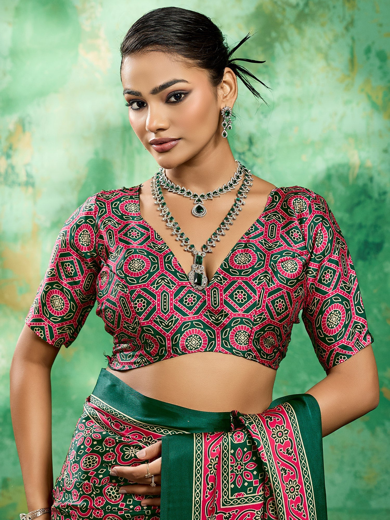 Green Ajrakh Block Printed Saree - Ressa