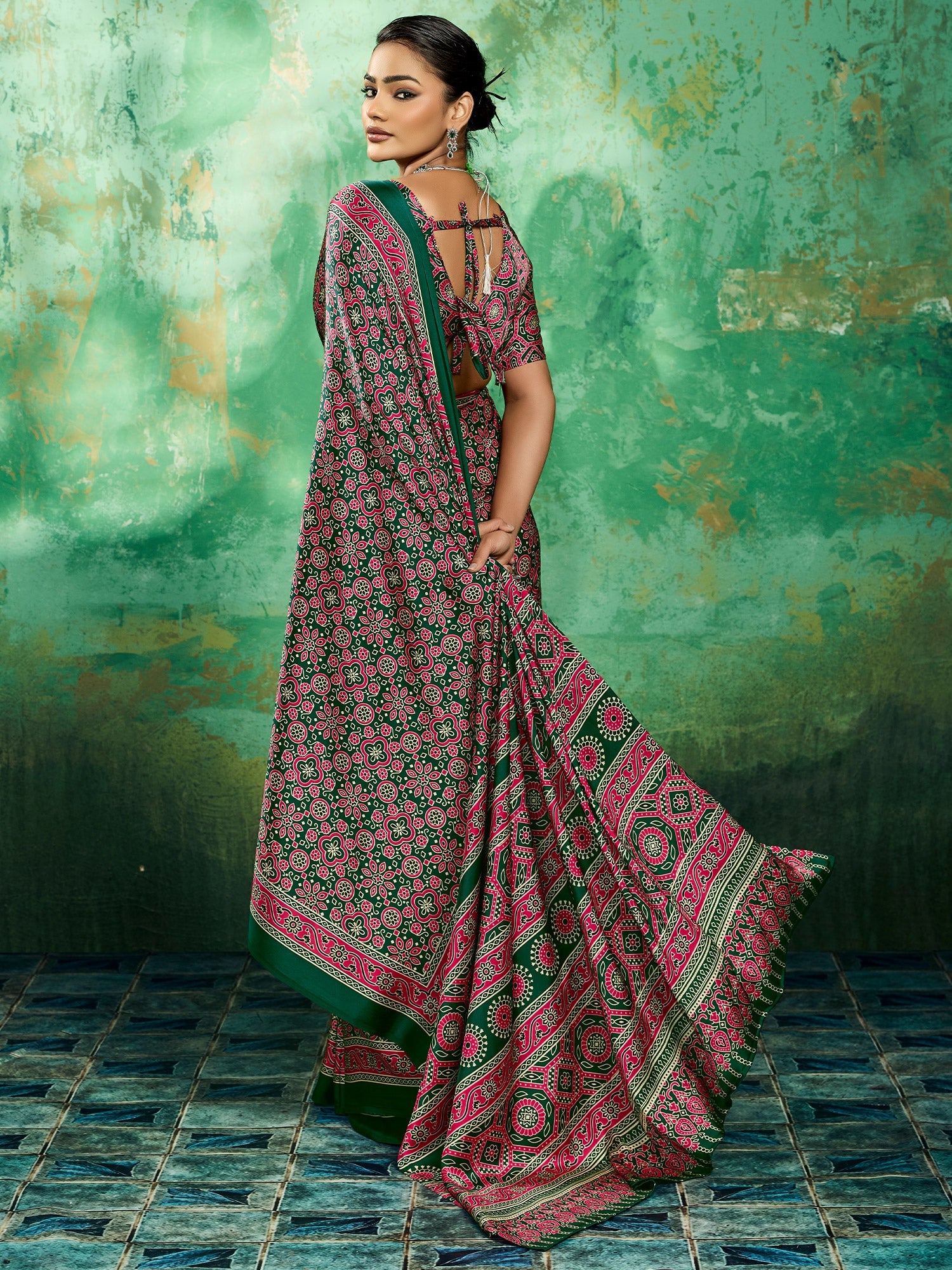 Green Ajrakh Block Printed Saree - Ressa