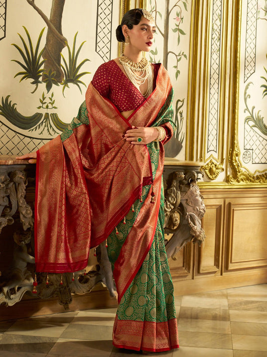 Green and Red Banarasi Silk Saree - Ressa