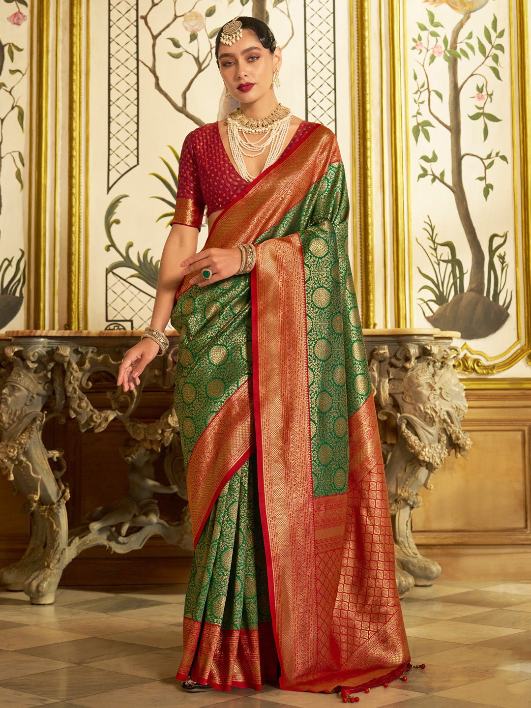 Green and Red Banarasi Silk Saree - Ressa