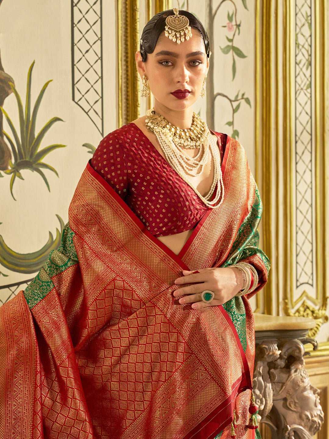 Green and Red Banarasi Silk Saree - Ressa