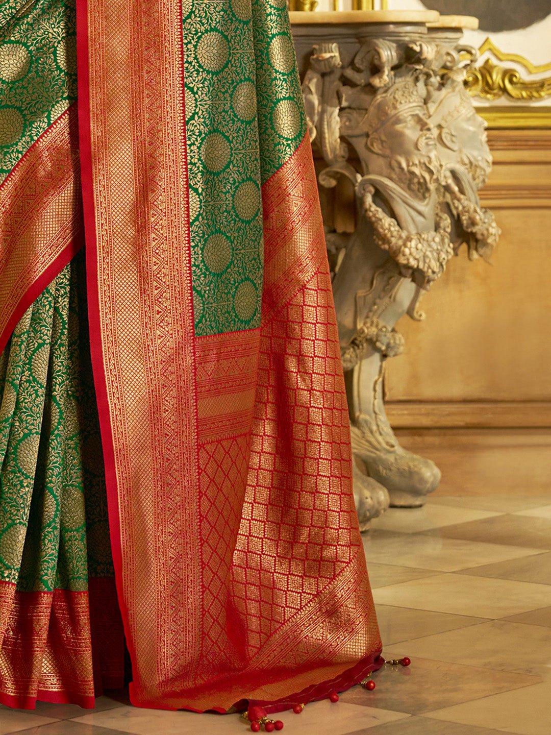 Green and Red Banarasi Silk Saree - Ressa