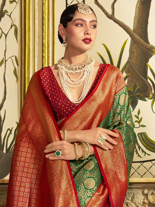 Green and Red Banarasi Silk Saree - Ressa