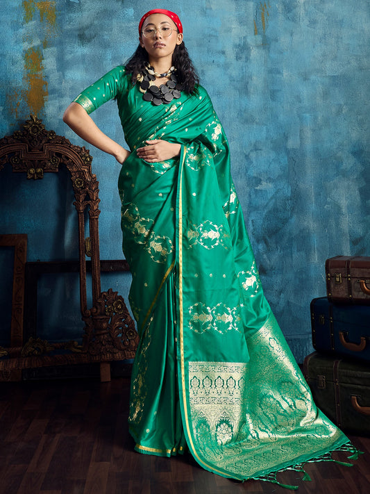 Green Banarasi Silk Saree with Heritage Motifs - Ressa