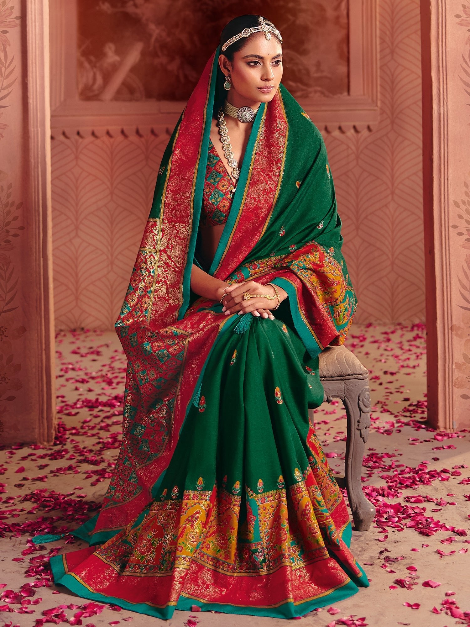 Green Banarasi Silk Saree with Red Meenakari Pallu - Ressa