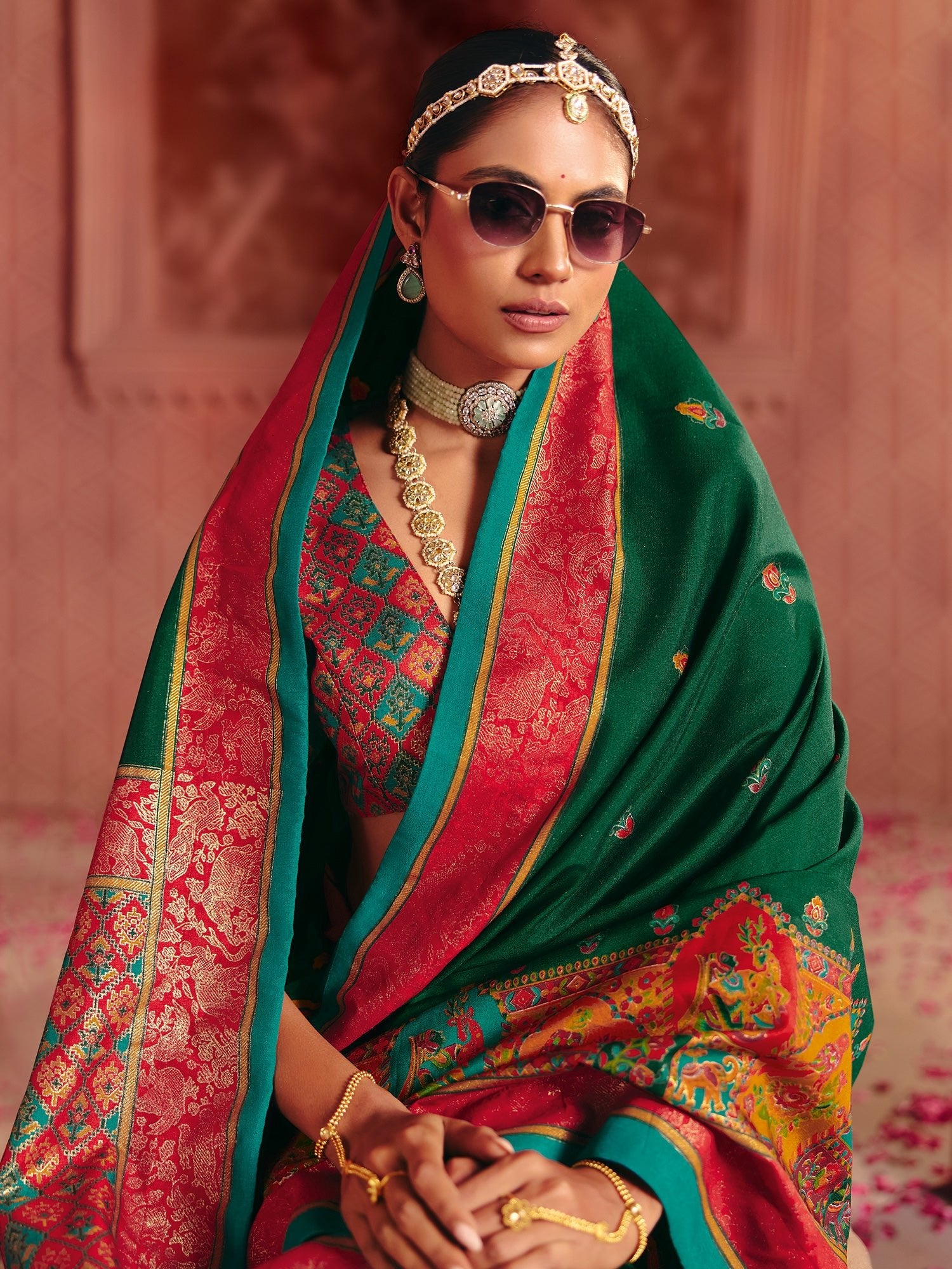 Green Banarasi Silk Saree with Red Meenakari Pallu - Ressa