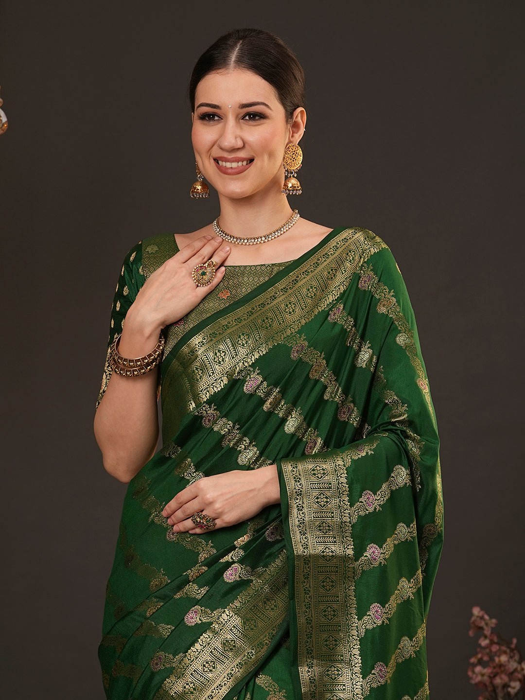 Green Banarasi Zar Silk Blend Saree - Ressa