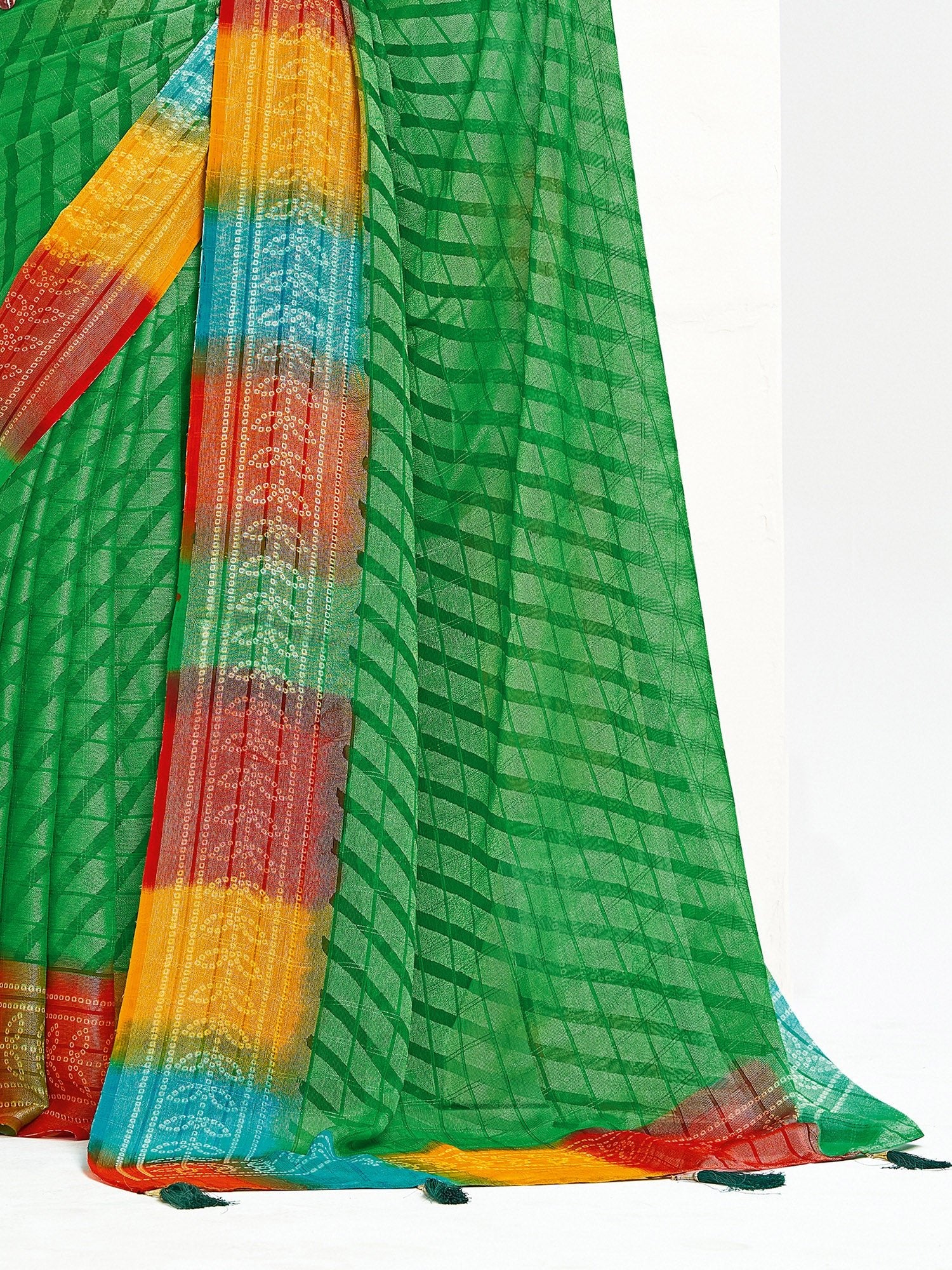 Green Bandhani Georgette Saree with Multicolour Border & Blouse Piece - Ressa