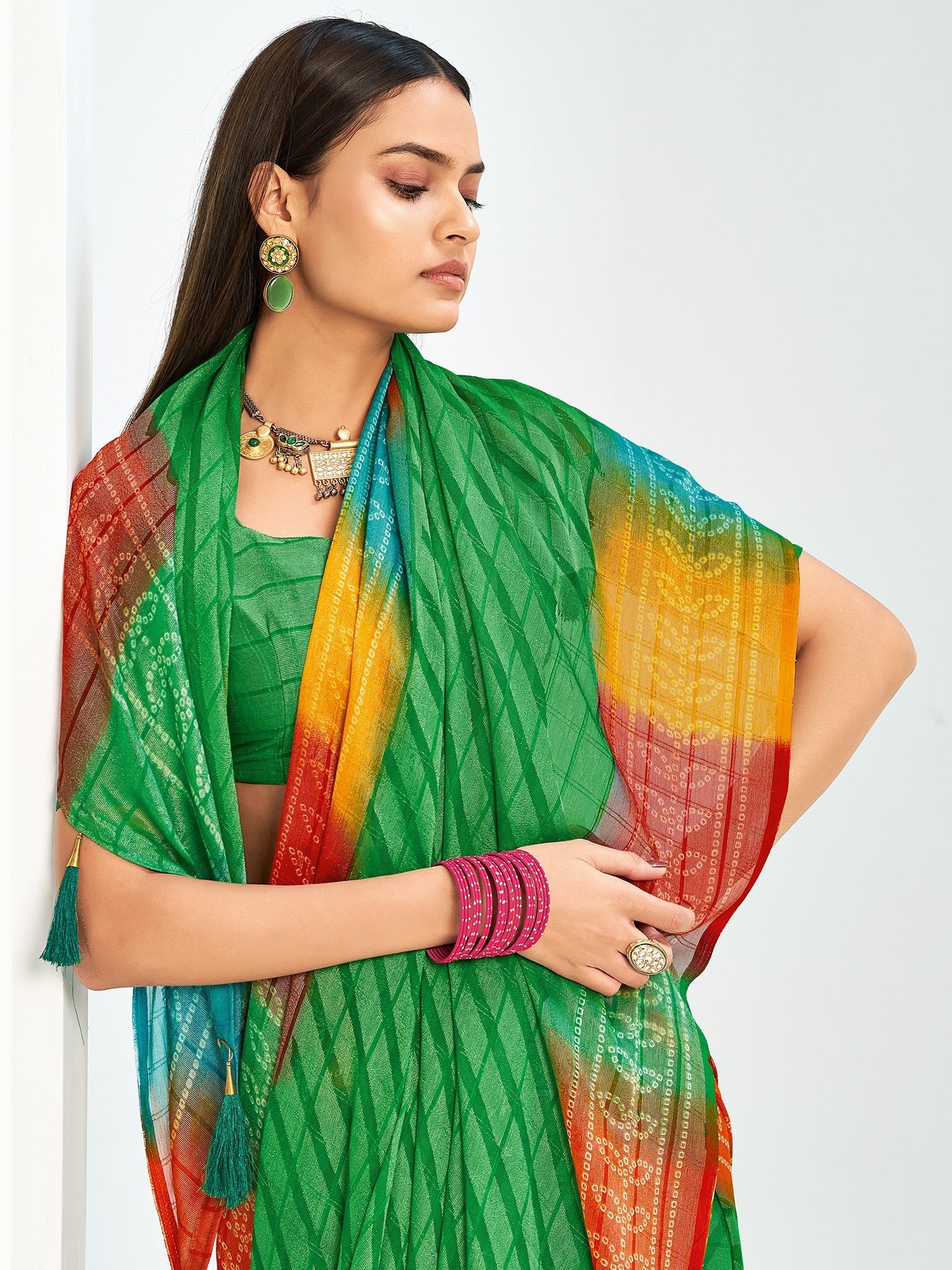 Green Bandhani Georgette Saree with Multicolour Border & Blouse Piece - Ressa