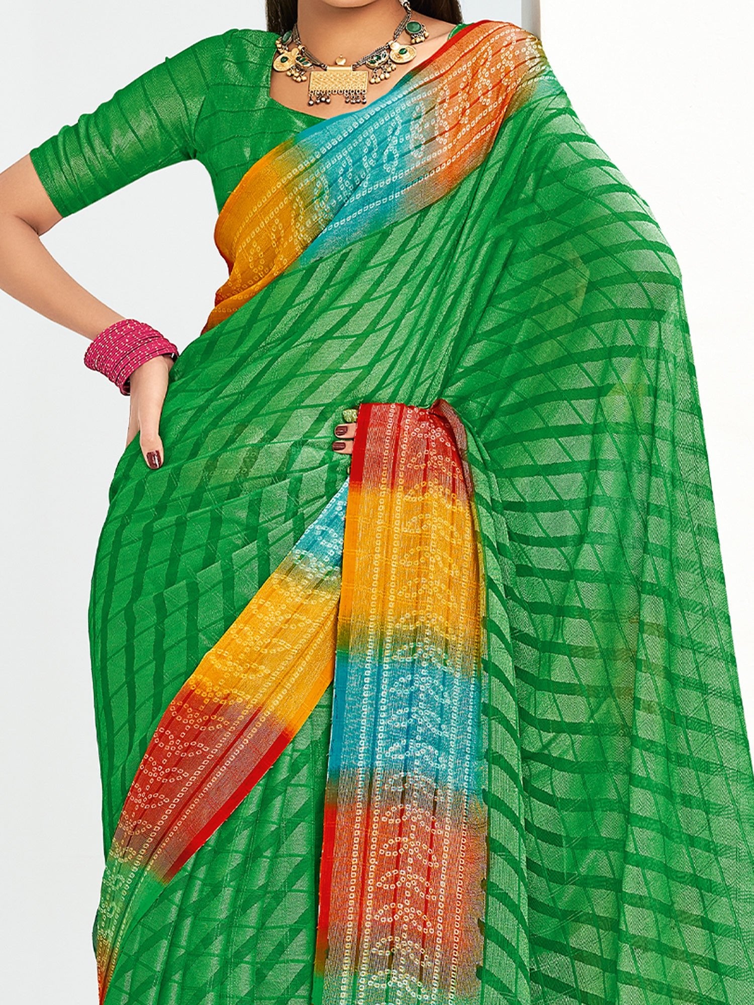 Green Bandhani Georgette Saree with Multicolour Border & Blouse Piece - Ressa