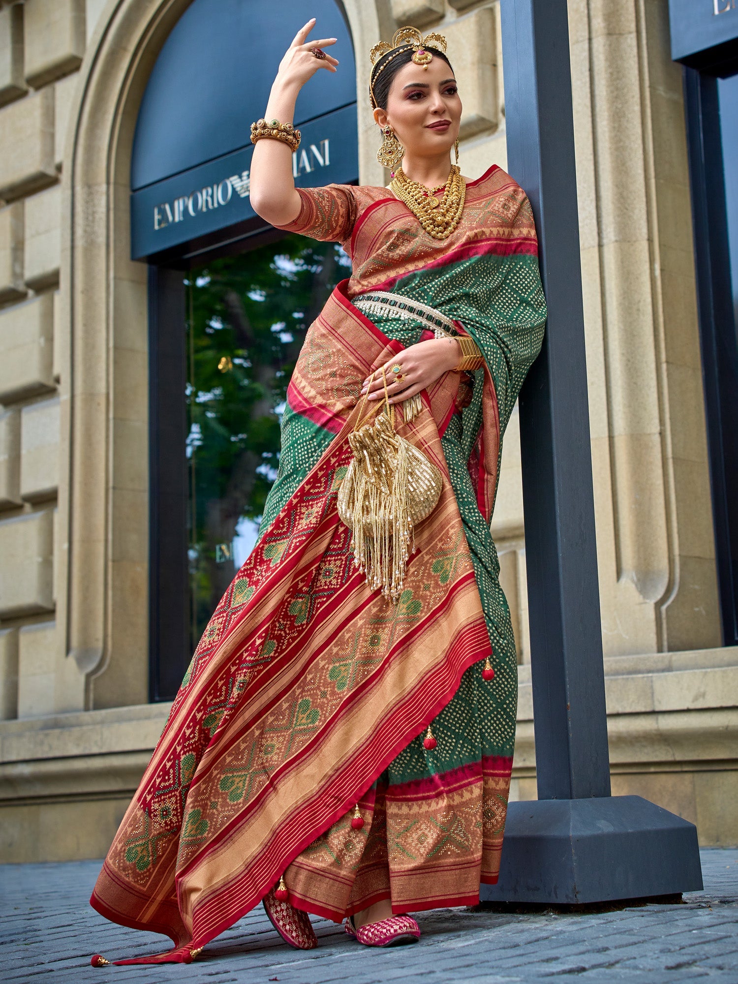 Green Bandhani Patola Silk Saree with Red Contrast - Ressa