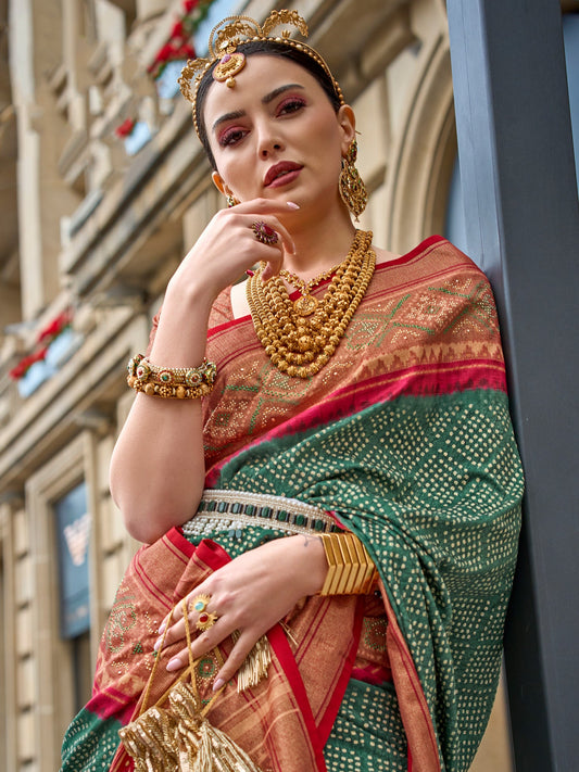 Green Bandhani Patola Silk Saree with Red Contrast - Ressa