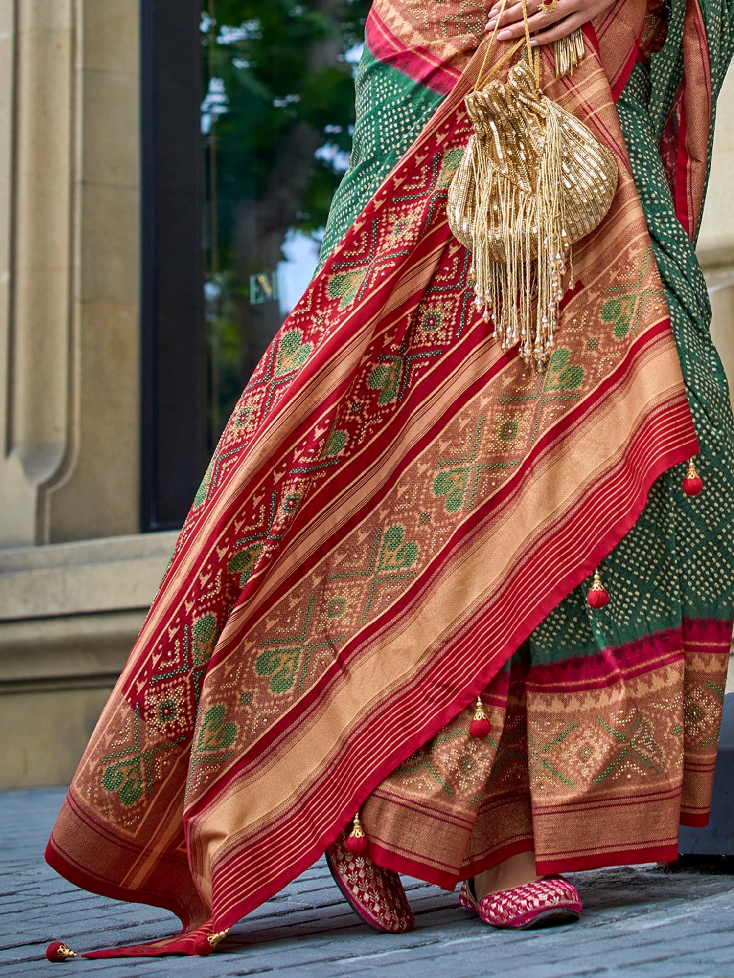 Green Bandhani Patola Silk Saree with Red Contrast - Ressa