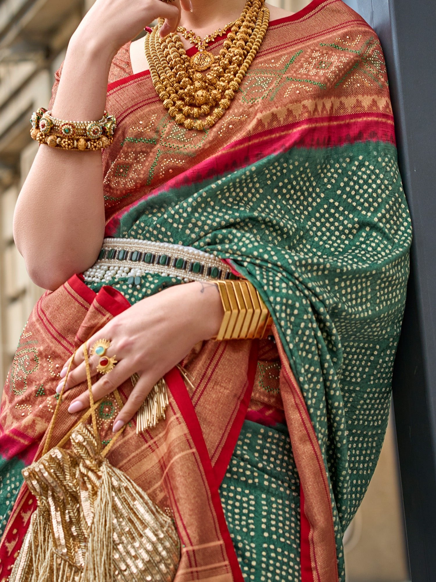 Green Bandhani Patola Silk Saree with Red Contrast - Ressa