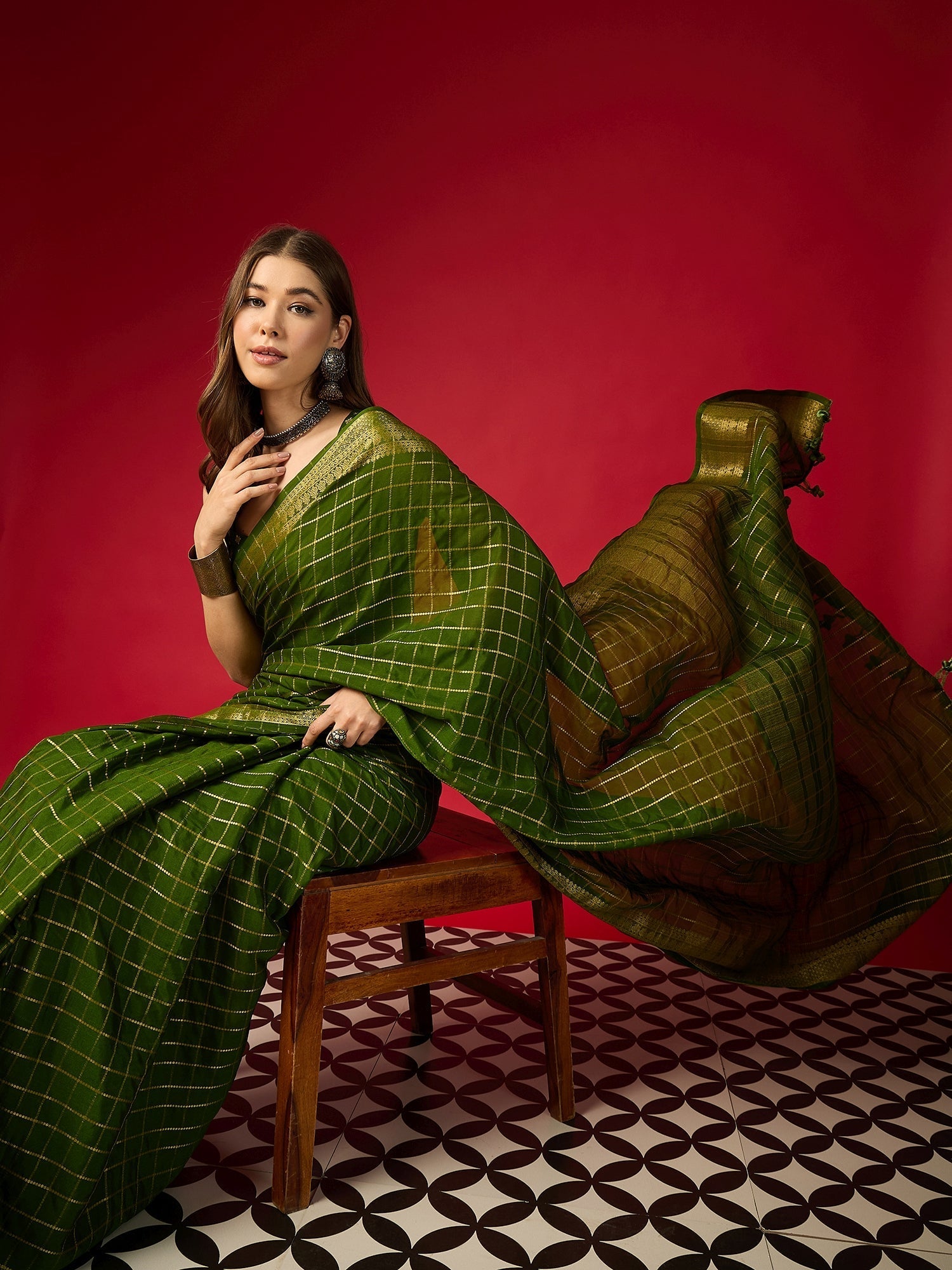 Green Checks Silk Saree with Zari Border & Embroidered Blouse - Ressa