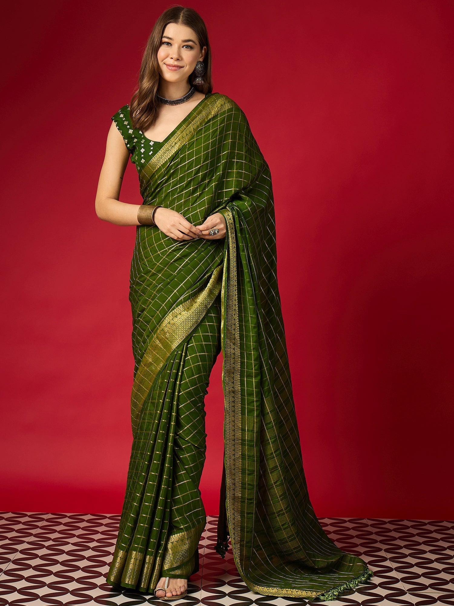 Green Checks Silk Saree with Zari Border & Embroidered Blouse - Ressa
