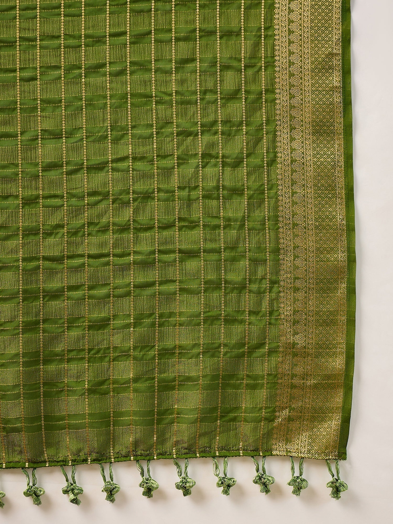 Green Checks Silk Saree with Zari Border & Embroidered Blouse - Ressa