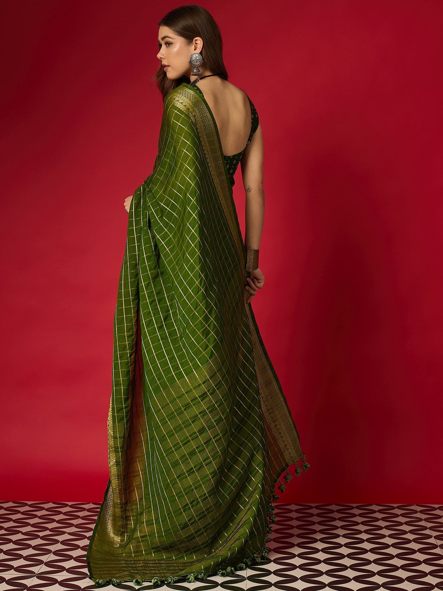 Green Checks Silk Saree with Zari Border & Embroidered Blouse - Ressa