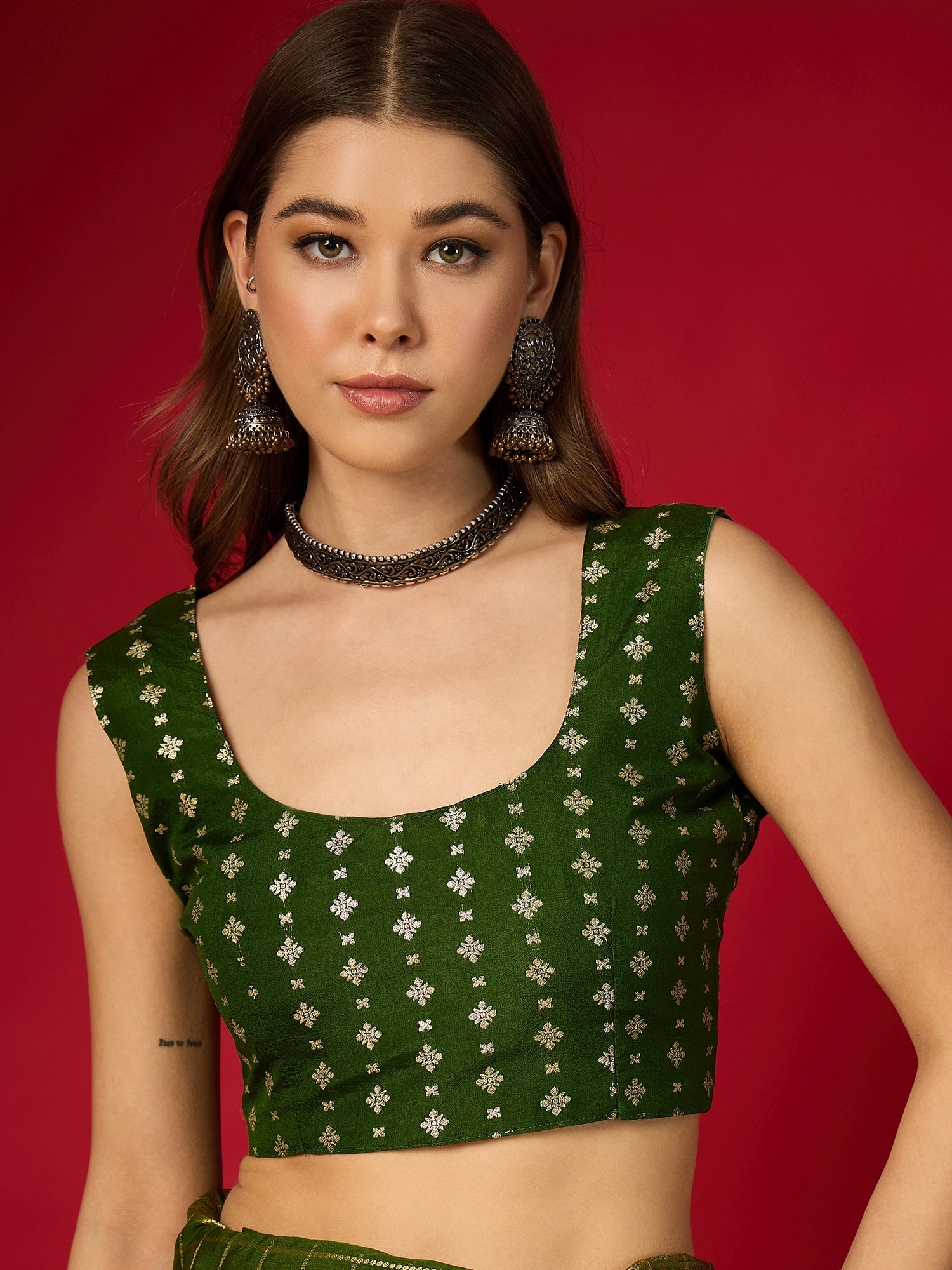 Green Checks Silk Saree with Zari Border & Embroidered Blouse - Ressa
