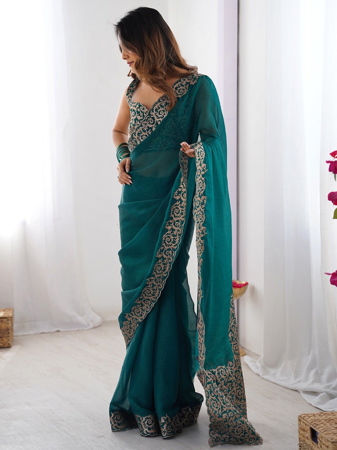 Green Chiffon Embroidery Scalloped Border Saree - Ressa