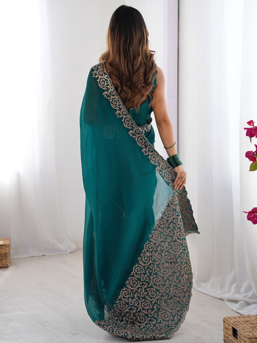 Green Chiffon Embroidery Scalloped Border Saree - Ressa