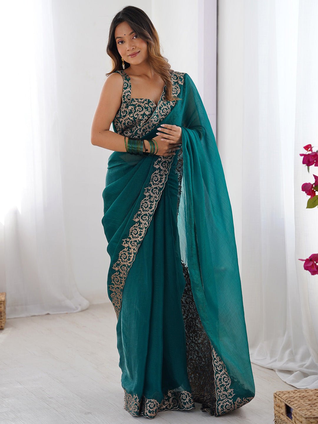 Green Chiffon Embroidery Scalloped Border Saree - Ressa