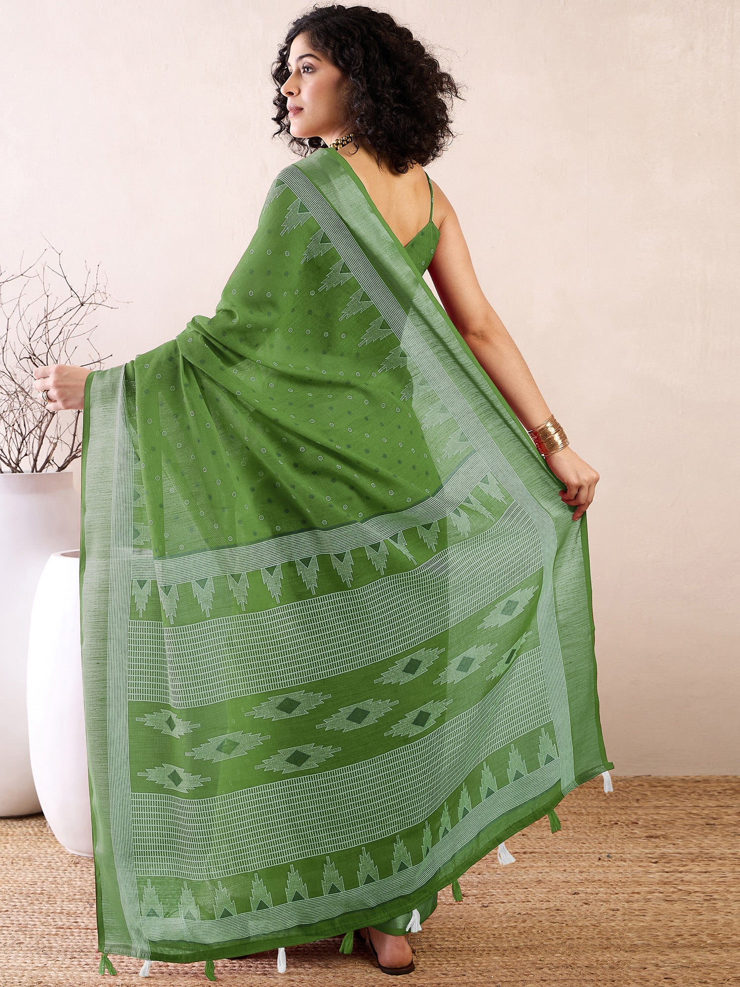 Green Cotton Linen Saree - Ressa