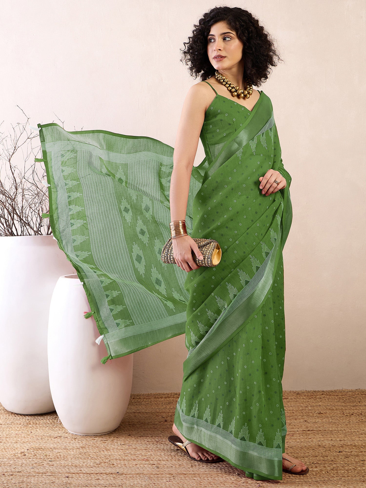 Green Cotton Linen Saree - Ressa