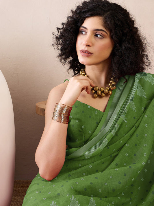 Green Cotton Linen Saree - Ressa
