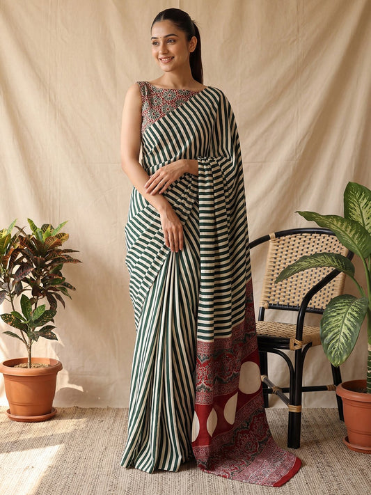 Green Crepe Striped Pattern Saree - Ressa