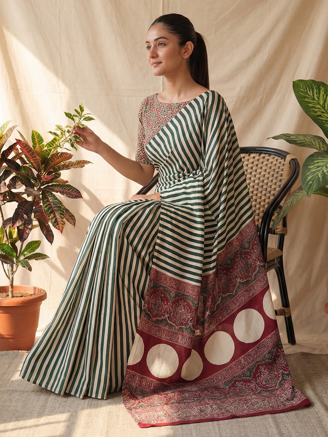 Green Crepe Striped Pattern Saree - Ressa