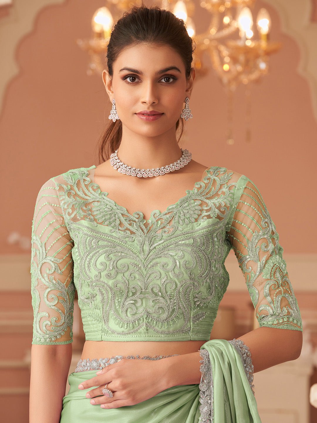 Green Embellished Sequinned Pure Chiffon Saree - Ressa