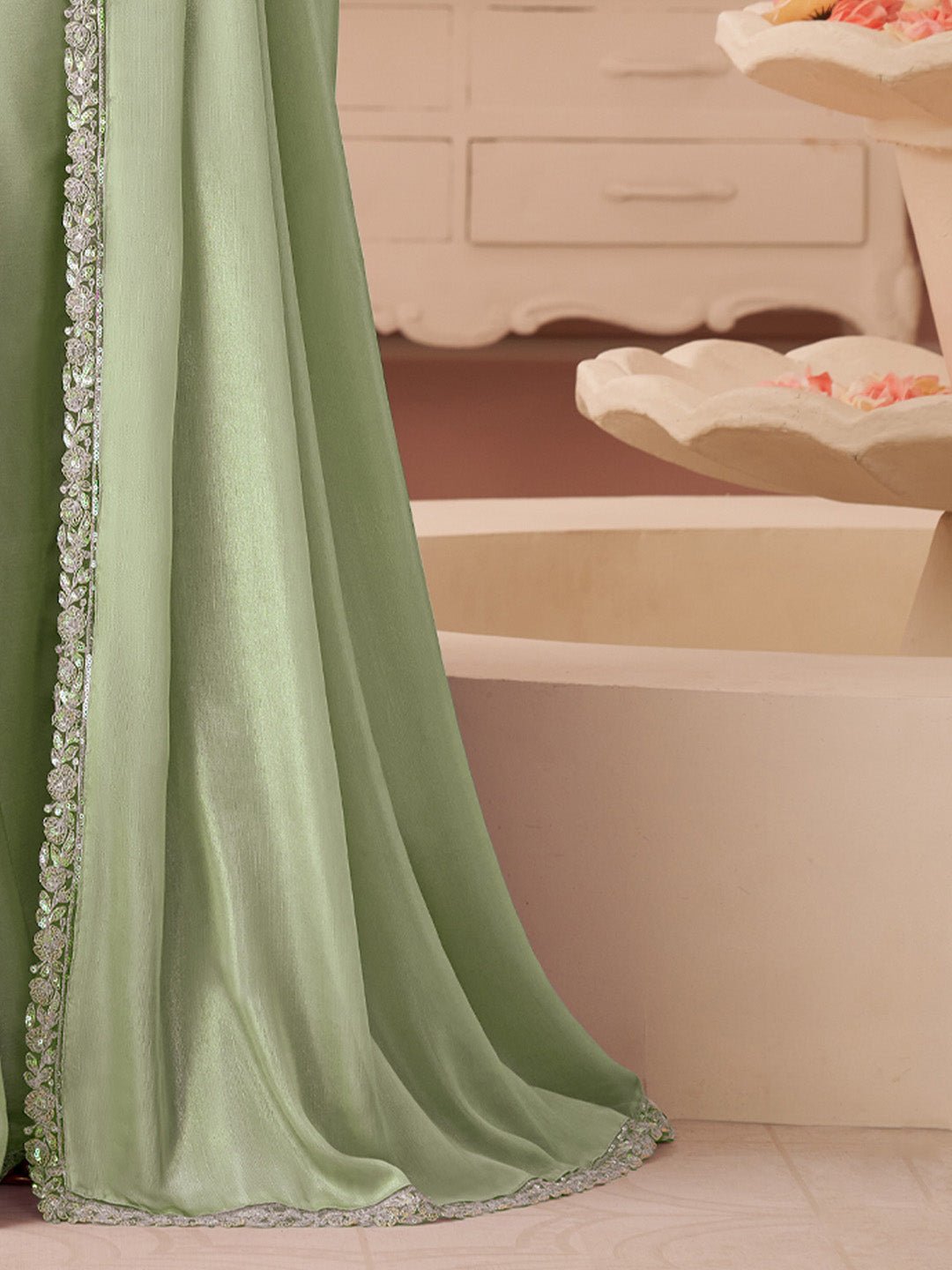 Green Embellished Sequinned Pure Chiffon Saree - Ressa