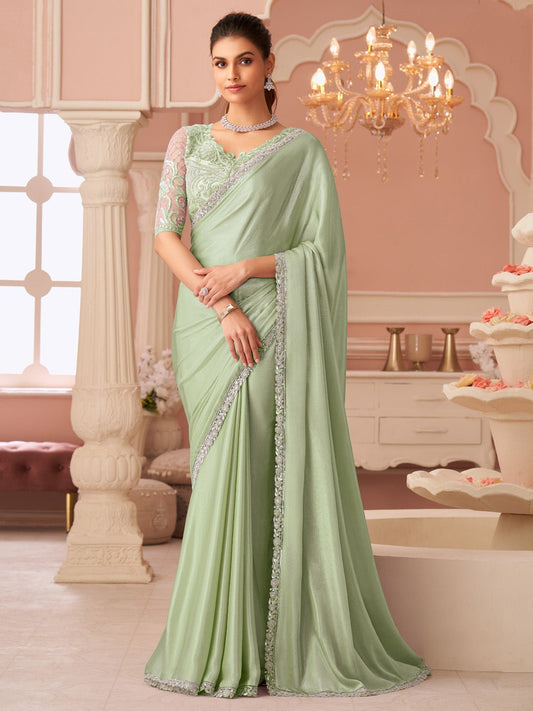 Green Embellished Sequinned Pure Chiffon Saree - Ressa