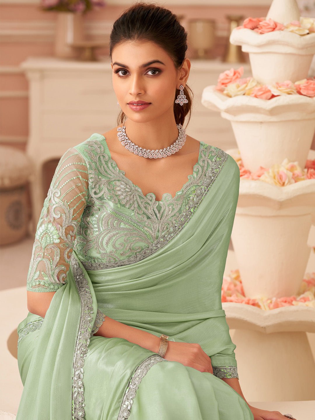 Green Embellished Sequinned Pure Chiffon Saree - Ressa