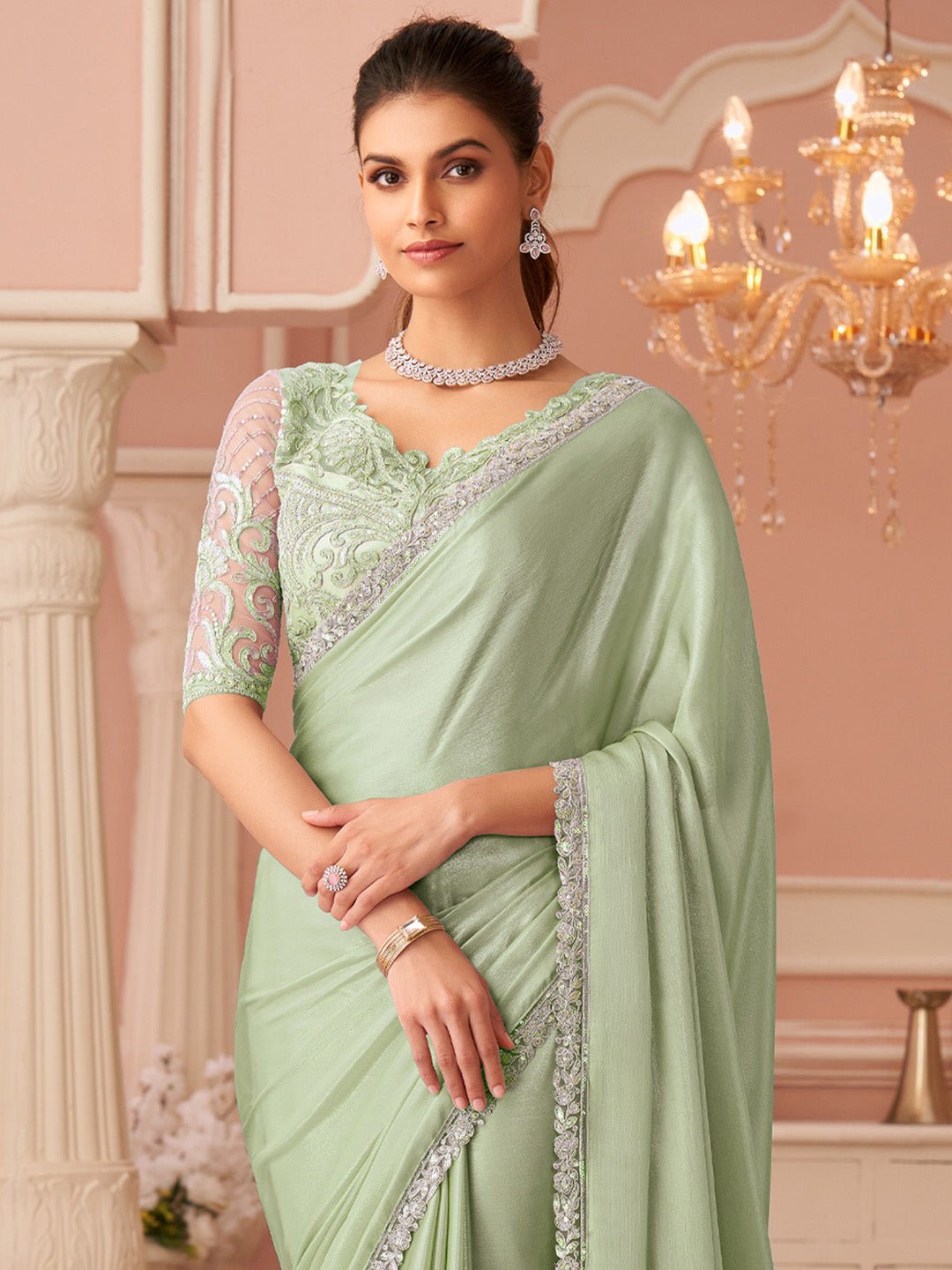 Green Embellished Sequinned Pure Chiffon Saree - Ressa