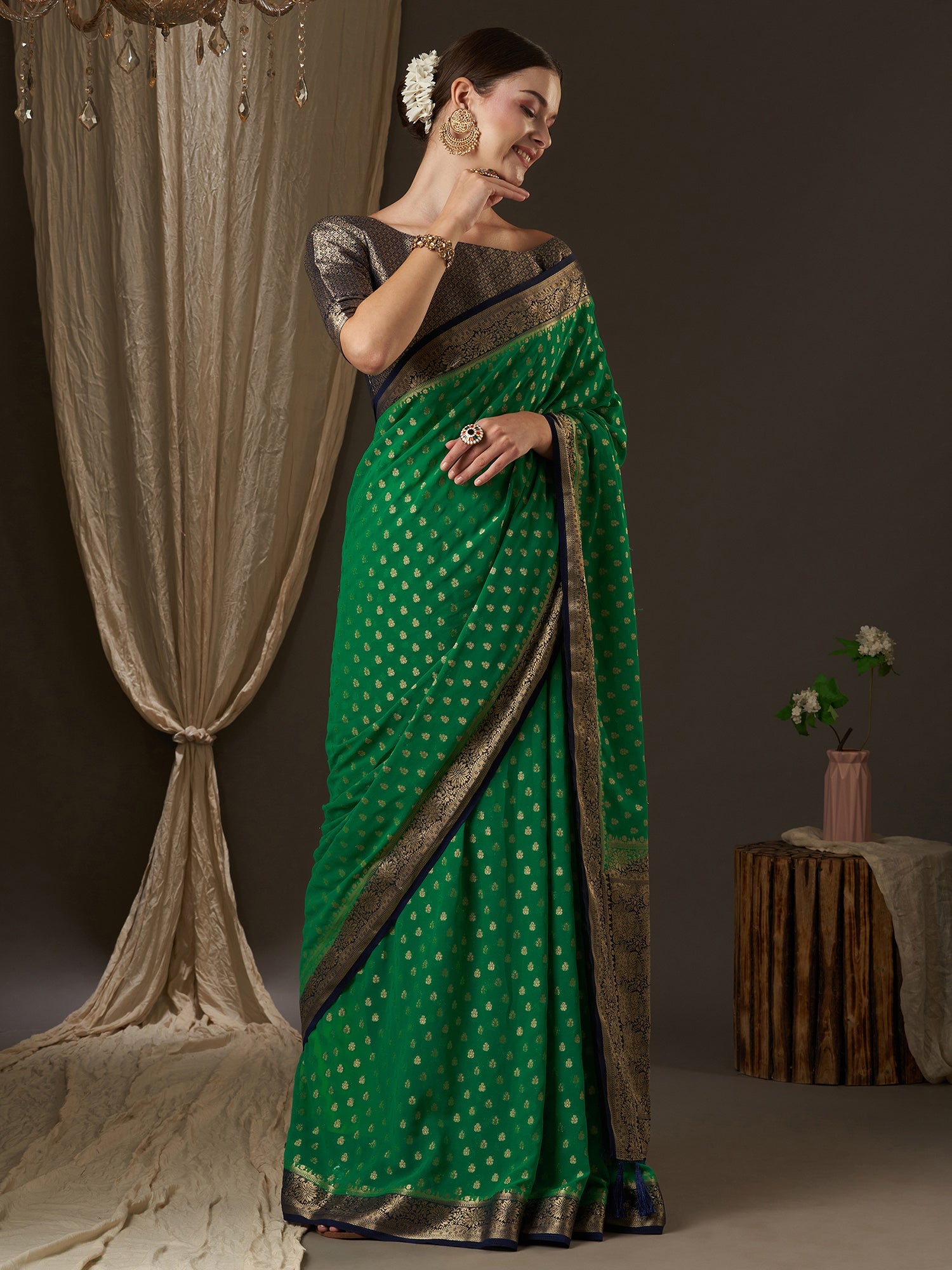 Green Floral Georgette Saree - Ressa