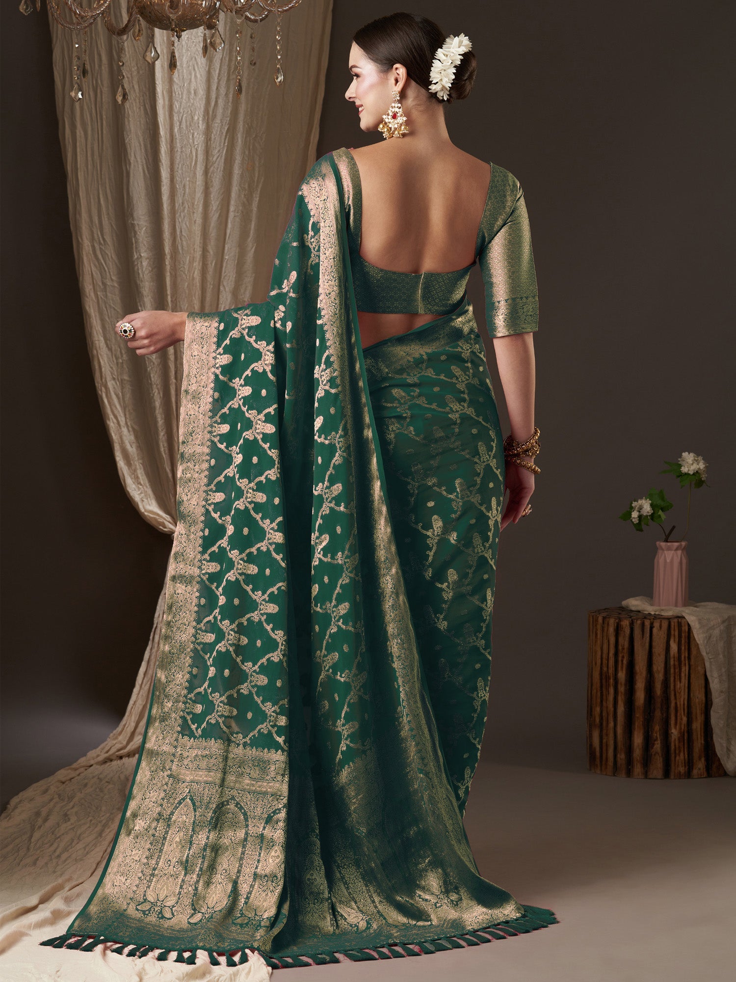 Green Floral Georgette Saree with Jari Border - Ressa
