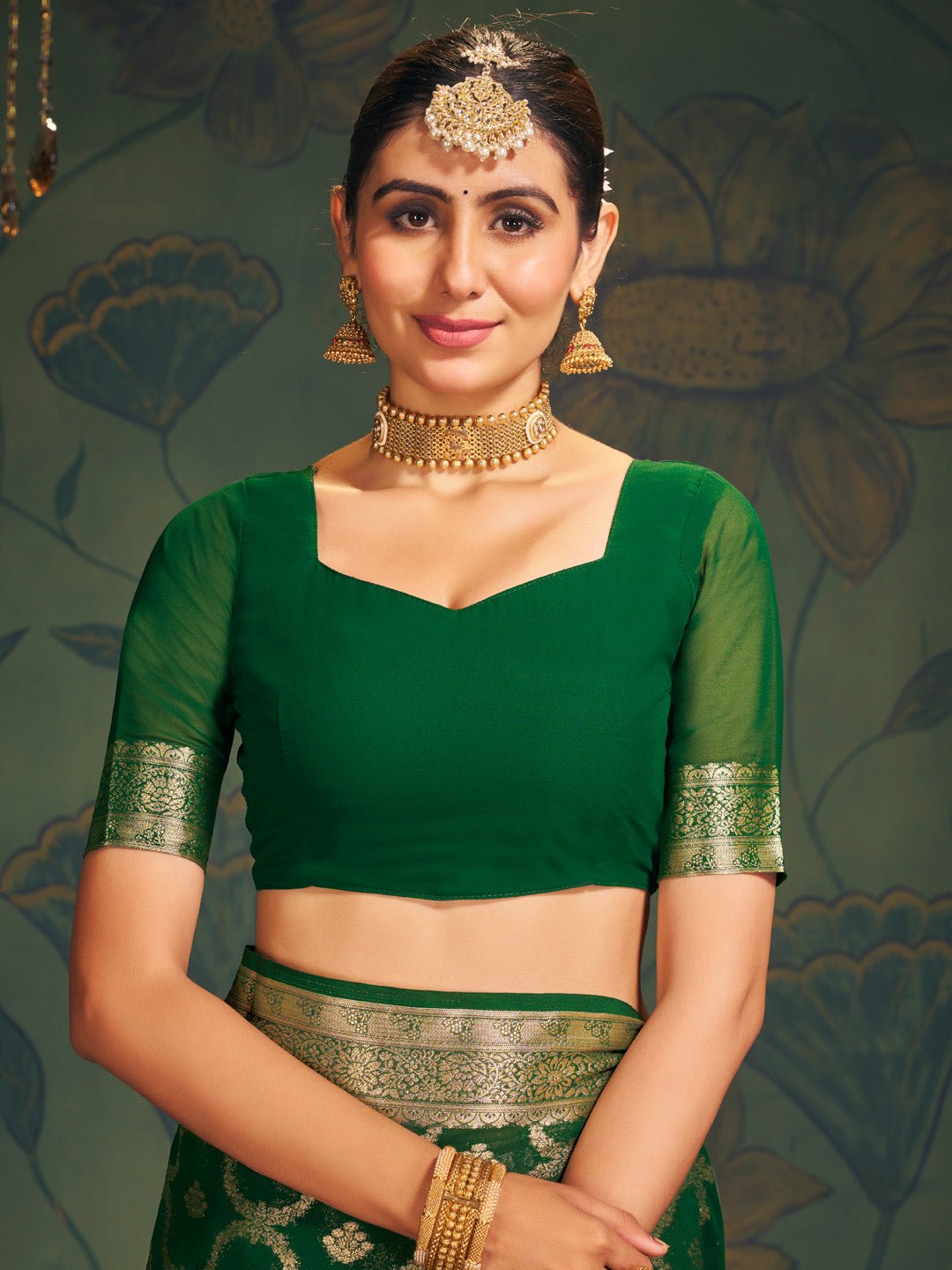 Green Floral Georgette Saree with Jari Border - Ressa